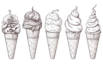 Foto auf Alu-Dibond illustration of an ice cream set. Different types and tastes of cold desserts cups cones soft serve bars sticks popsicles frozen juice in waffles and on sticks. Vintage hand-drawn style generative ai © Tanvir
