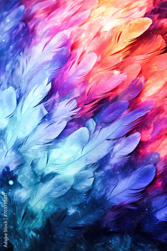 Poster abstract colorful feathers and sequins with blurred background