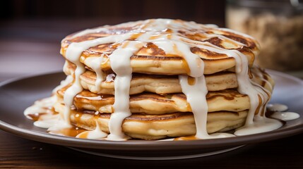 A stack of cinnamon swirl pancakes with cream cheese glaze