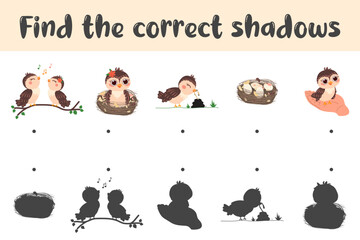 Find the correct shadow of the cute birds. Educational logical game for children. Cartoon birds. - obrazy, fototapety, plakaty