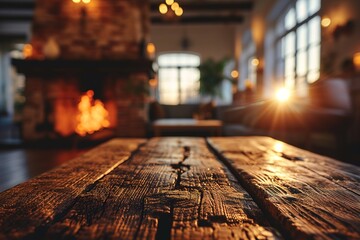 modern living room with fireplace, room with a table, table, Wood table with blurred modern apartment interior background, modern living room with Empty wooden tabletop with blurred living room backgr - obrazy, fototapety, plakaty