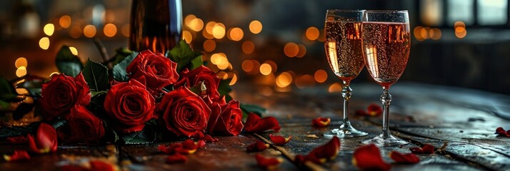Valentines Day Red Roses Two Champagne, Banner Image For Website, Background, Desktop Wallpaper