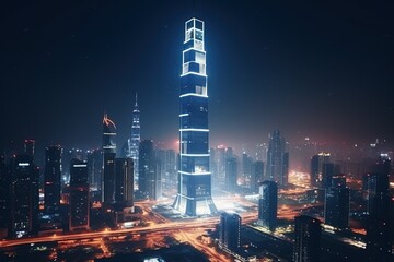 A futuristic city with a tall skyscraper in the center