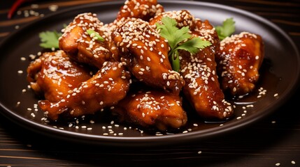 A plate of teriyaki glazed chicken wings with sesame seeds