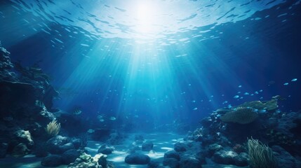 Fototapeta na wymiar Underwater Ocean - Blue Abyss With Sunlight