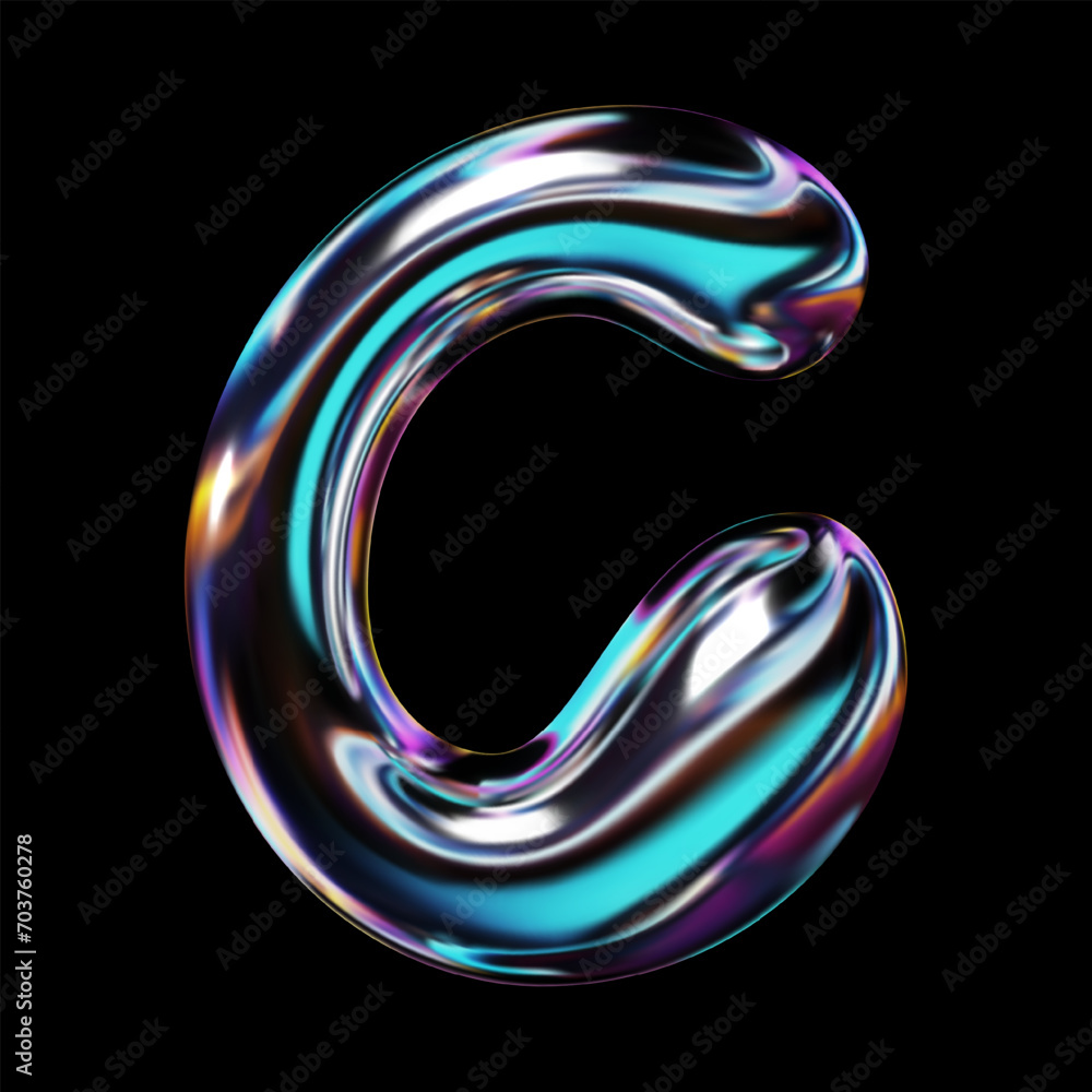 Poster holographic 3d letter c in y2k retro futuristic style. featuring a glossy balloon bubble surface wit