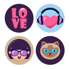 Love vector icons set. Stickers, pins, patches