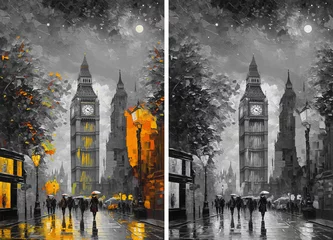 Foto auf Leinwand black and white oil painting of Amazing view of Big Ben in London night stars England. watercolor, oil on canvas, wallpaper, buildings, sunset, art, artwork.   © mozed