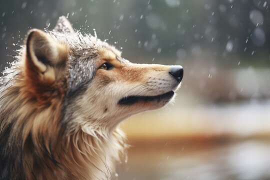close-up of wolf with snow on fur, head back howling