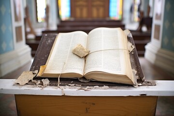 Obraz premium weathered bible with torn pages open on a chapels lectern