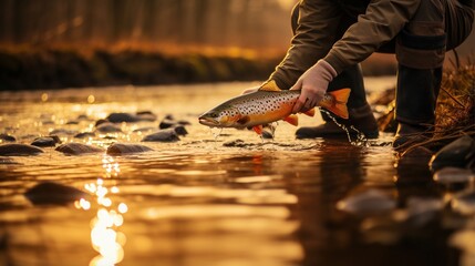 Fly Fishing For Brown Trout In The River At Sunset