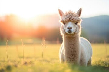 alpaca looking at camera in bright sunlit pasture