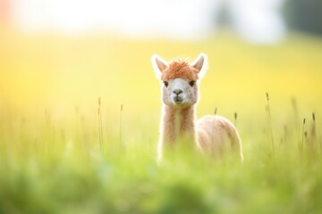 alpaca looking at camera in bright sunlit pasture