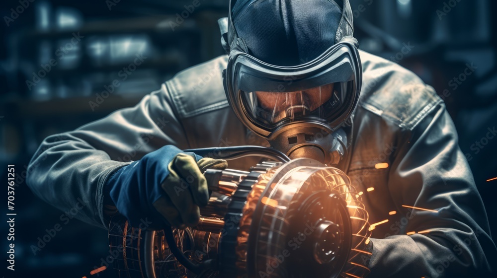 Poster generative ai close-up of an auto mechanic working on an exhaust system, welding equipment in use, a