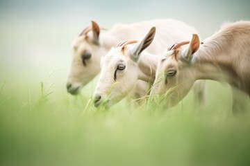 goats nibbling grass in haze - obrazy, fototapety, plakaty