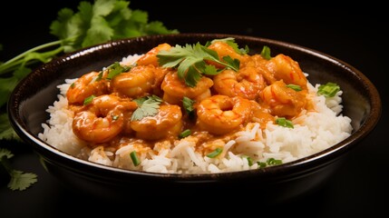 A bowl of spicy coconut shrimp curry with basmati rice
