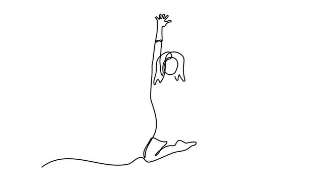 Self drawing animation with one continuous line draw,girl in a jump,dance