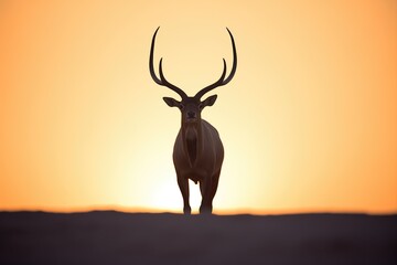 arabian oryx silhouetted by desert sunrise