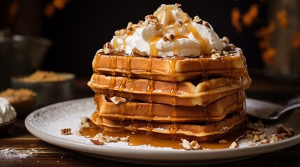 A stack of pumpkin spice waffles with whipped cream