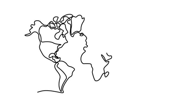 Self drawing animation with one continuous line draw, world map, hand-drawn