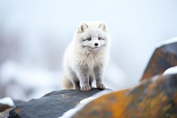 arctic fox standing on a snow-covered rock