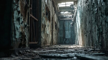 Generative AI Close-up view of Chernobyl's reactor sarcophagus, cracked walls, weathered structure, eerie atmospheric lighting, detailed linework