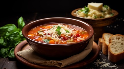 A bowl of classic minestrone soup with parmesan cheese