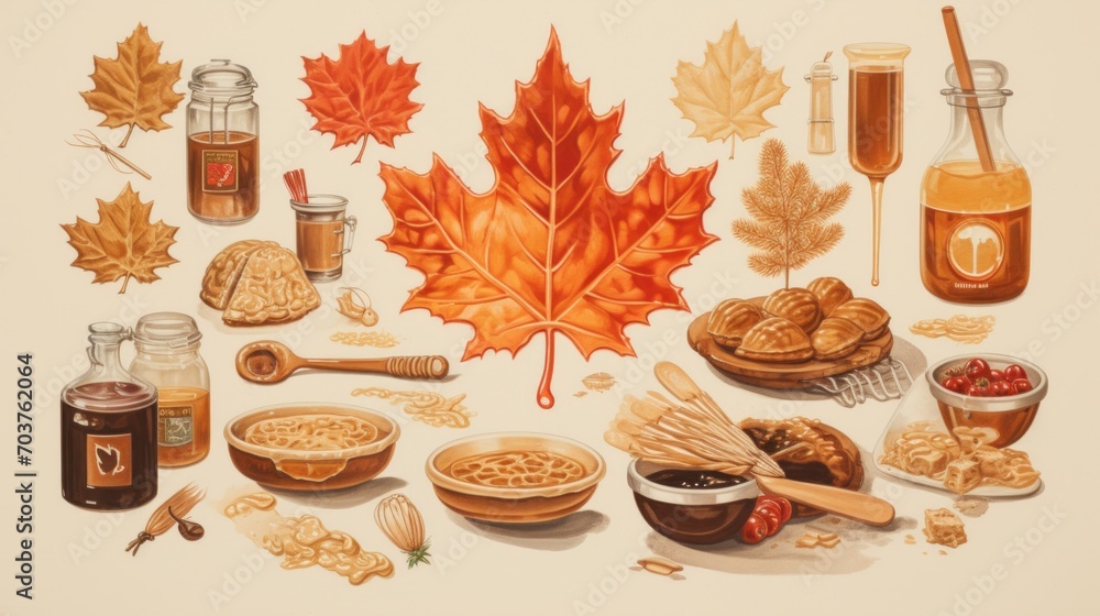 Poster Generative AI Collage-style artwork depicting the various uses of maple syrup in cooking and baking