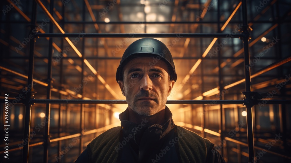 Poster generative ai construction site with a builder overseeing scaffolding assembly, safety-conscious, pr