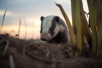 badger peeking from burrow entrance at dusk