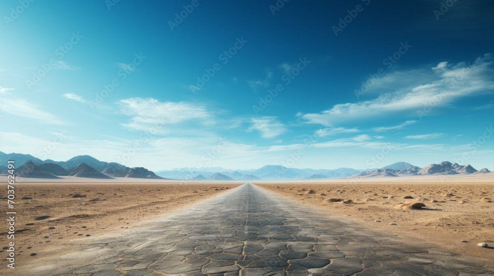 Poster generative ai desert highway vanishing point ::1 visual showing an aerial perspective of a deserted 