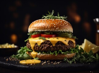 hamburger on black background