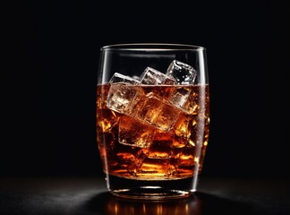 glass of soda with ice on black background
