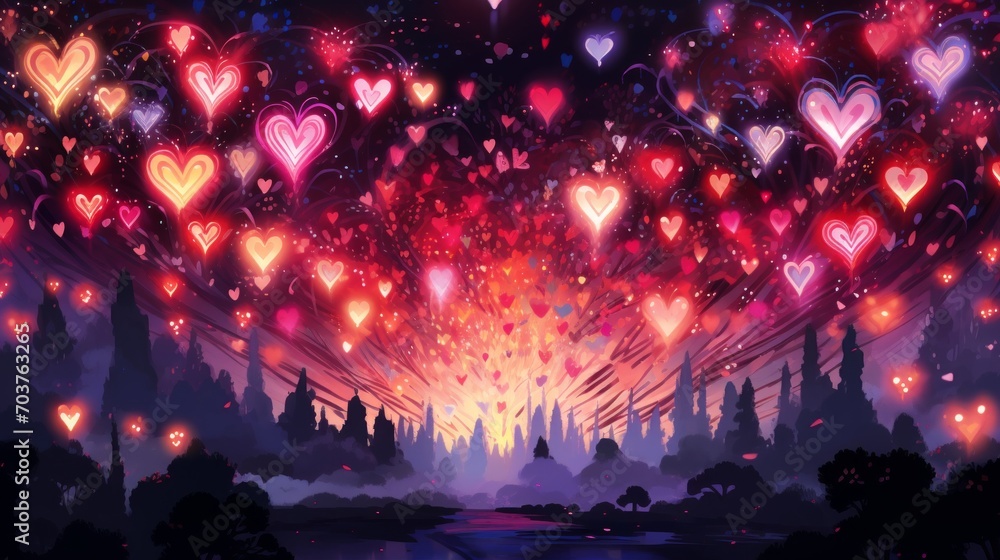 Poster generative ai digital illustration of a festive scene with fireworks forming shapes like hearts and 