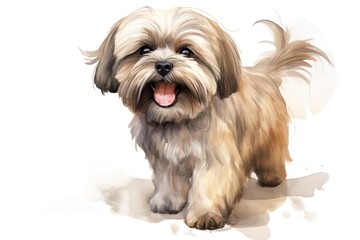 Beautiful Lhasa Apso dog standing. Watercolour illustration on white background.