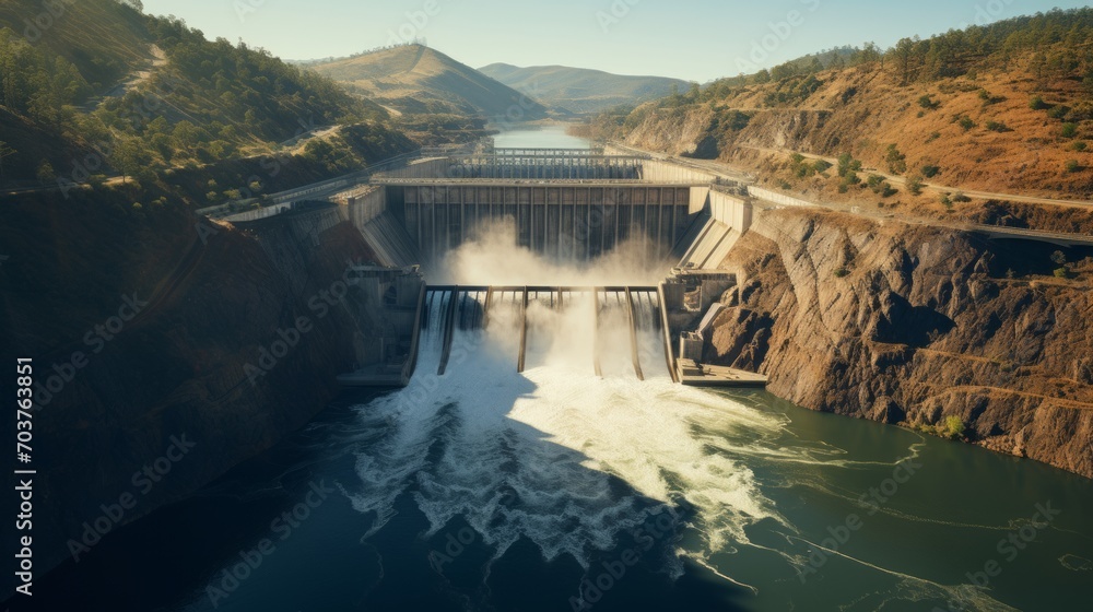 Poster generative ai drone footage of enormous dam structure