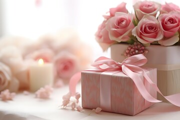Fototapeta na wymiar elegant-pink-gift-and-rose-bouquet