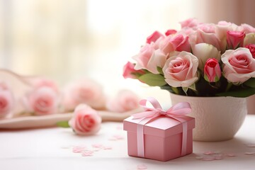 Obraz na płótnie Canvas elegant-pink-gift-and-rose-bouquet