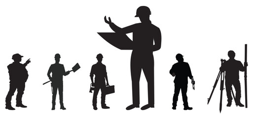 Set of engineer and construction worker silhouette vector on white background, industrial people concept.
