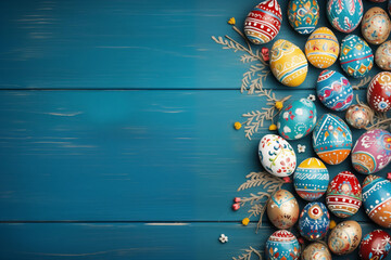 Easter holiday celebration banner greeting card banner - frame made of painted easter eggs on blue wooden table texture, top view, flat lay