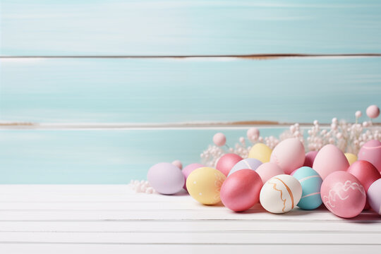 Easter holiday celebration banner greeting card with pastel painted eggs on bright wooden tabel texture