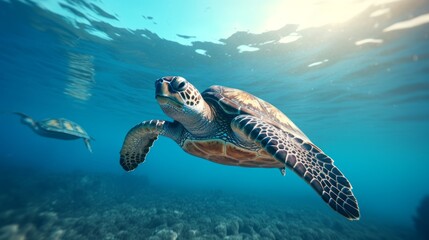 Generative AI Enchanting sea turtles gliding through the ocean.