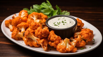 A plate of buffalo cauliflower bites with ranch dipping sauce - obrazy, fototapety, plakaty