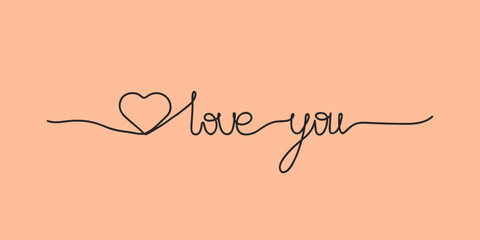 lettering love you with heart, one line art style vector illustration isolated on peach fuzz background
