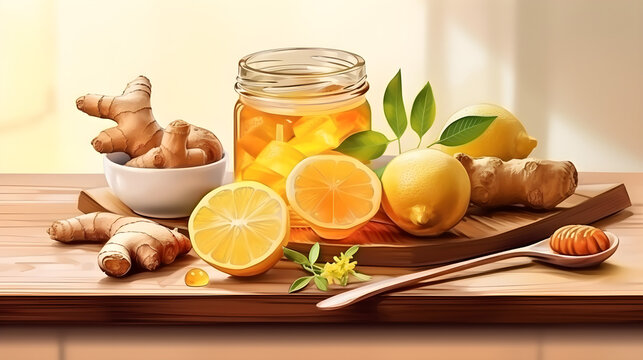 Honey, lemon and ginger on the kitchen table