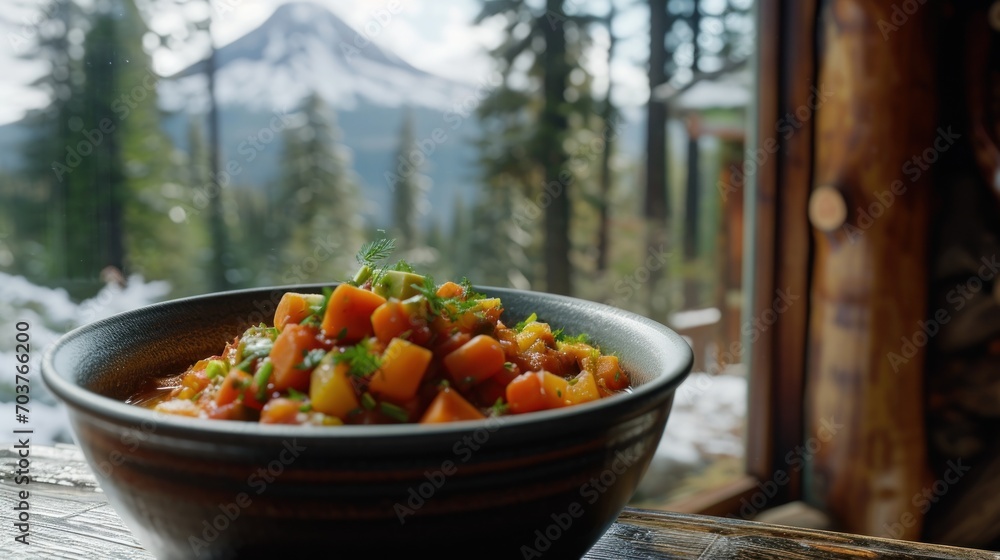 Poster a bowl of food sitting on a table in front of a window with a view of a mountain in the background.