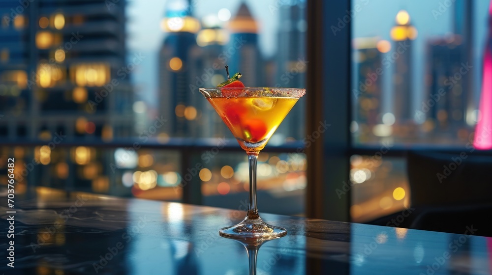 Poster a cocktail sitting on top of a table in front of a window with a cityscape in the background.