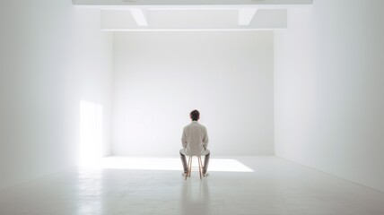 Obraz premium Person in Minimalist White Space for Dopamine Detox. Person sitting in stark white, minimalist room, symbolizing the concept of a dopamine detox through simplicity and solitude.