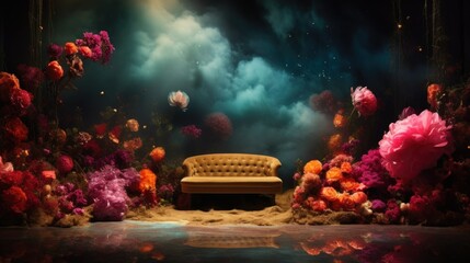 Mystical Sofa Amidst Dreamlike Floral Arrangement. Surreal scene depicting a classic sofa surrounded by an explosion of vivid flowers, set against a backdrop of ethereal clouds and celestial light.