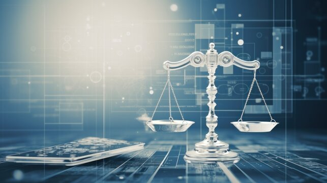 Unbiased artificial intelligence, Scales of Justice in Digital World Concept. Digital illustration Scales on futuristic blue data network background. Fairness and equality in ethical AI systems